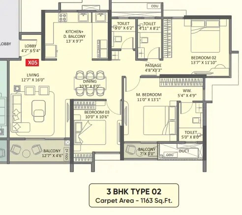 3 BHK Floor Plan at Yashada Evo Punawale