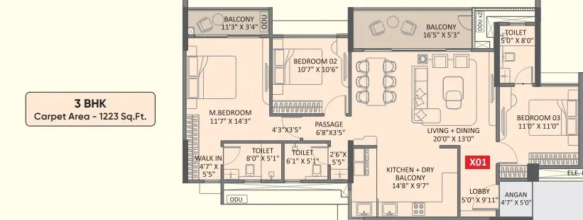 3 BHK Floor Plan Type 2 at Yashada Evo Punawale